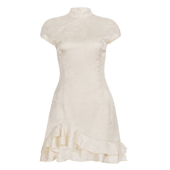 Damen elegant geschnittenes Chiffon-Kleid mit Rüschenkante R&B