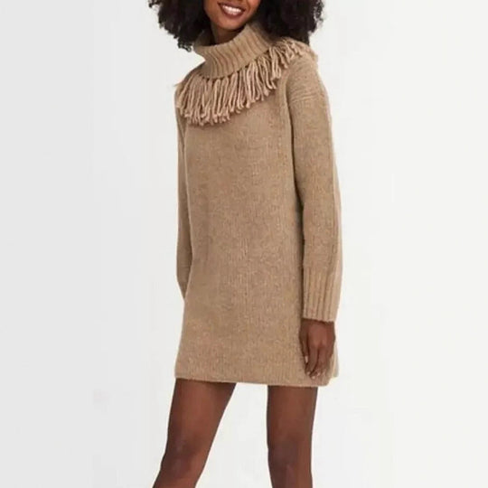 Damen Strickkleid mit hohem Rollkragen und modischen Fransen R&B