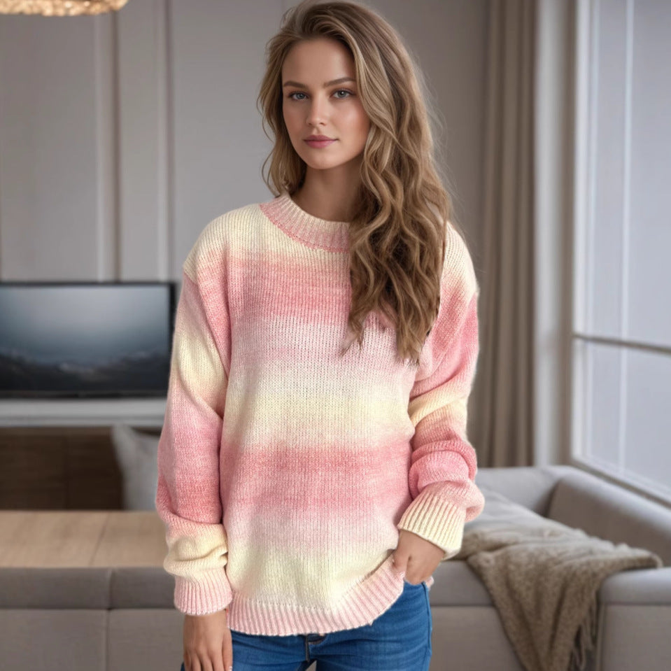 Damen lässiger Pullover mit sanften Farbverlauf und Rundhalsausschnitt R&B