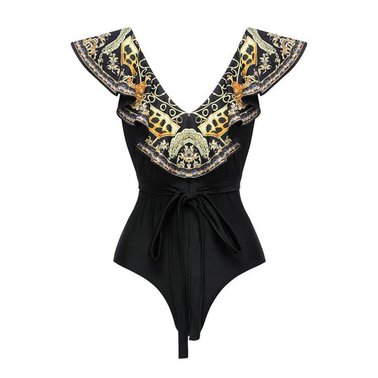 Damen Einteiler Badeanzug mit elegantem Design und passendem Wickeltuch R&B