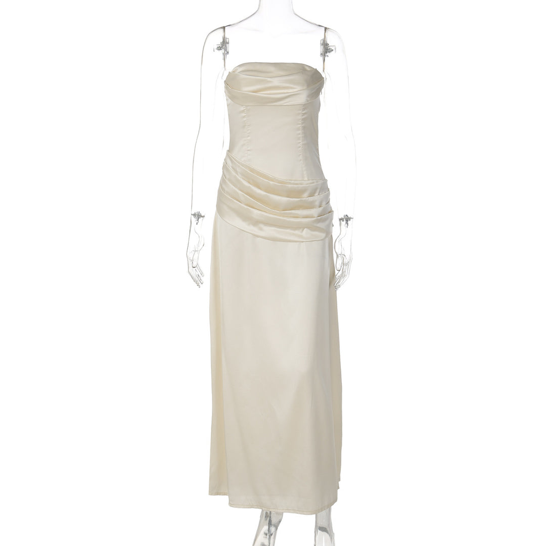 Damen elegantes Maxikleid mit raffiniertem Drapé und schulterfreiem Design R&B
