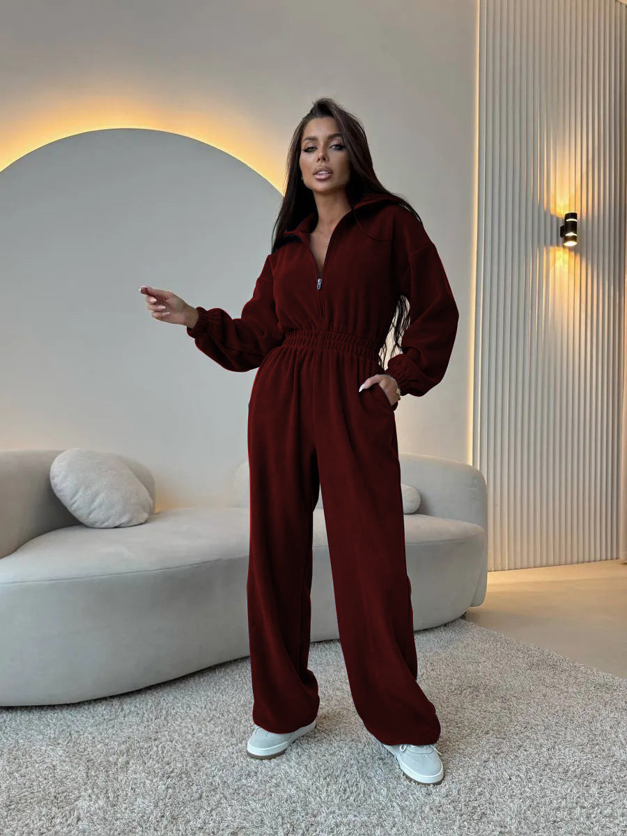 Damen lässiger Jumpsuit mit hohem Kragen und verstellbarem Bund R&B