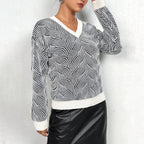 Damen Strickpullover mit Wellenmuster und V-Ausschnitt R&B
