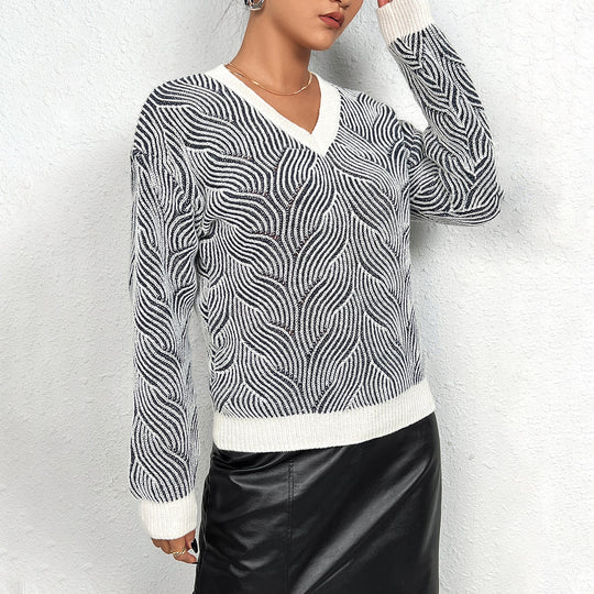 Damen Strickpullover mit Wellenmuster und V-Ausschnitt R&B