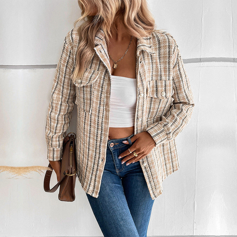 Damen gestreifte Utility-Jacke mit Brusttaschen und strukturierter Oberfläche R&B
