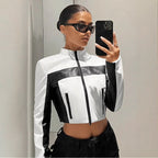 Damen Sportliche cropped Jacke aus Kunstleder mit Kontrastdetails R&B
