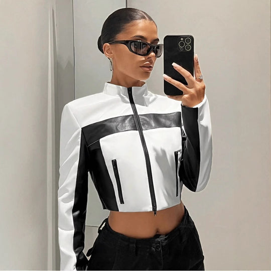 Damen Sportliche cropped Jacke aus Kunstleder mit Kontrastdetails R&B