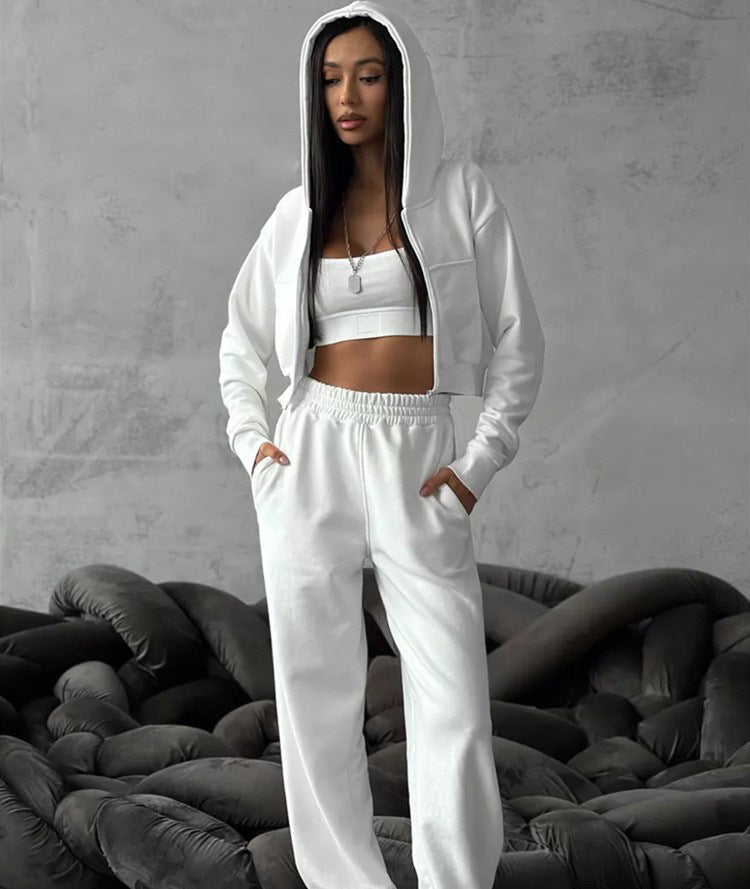 Damen sportliches Cropped-Set mit Reißverschluss und weitem Bein R&B