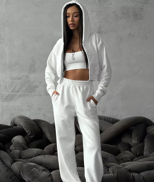 Damen sportliches Cropped-Set mit Reißverschluss und weitem Bein R&B
