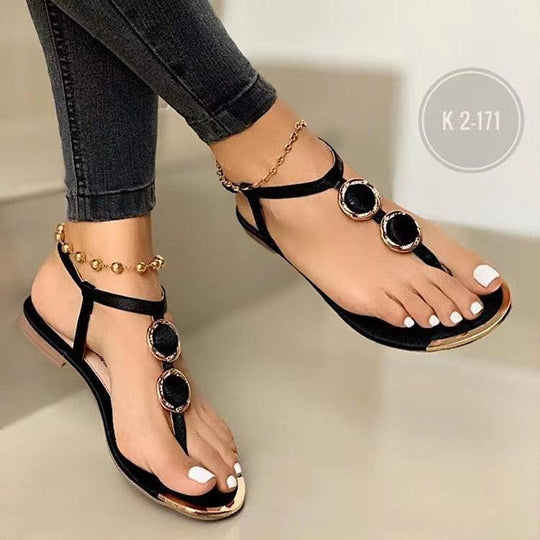 Damen nan elegante T-Steg-Sandale mit mehrteiliger Medaillon-Applikation und verstellbarem Knöchelriemen R&B