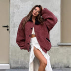 Damen kuschelige Oversize-Jacke mit großem Kragen R&B