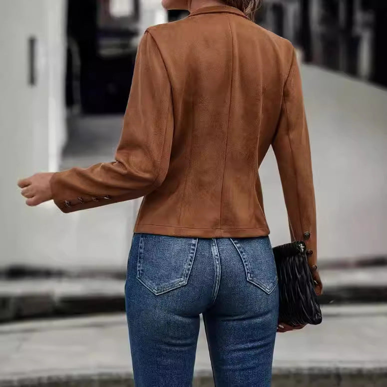 Damen modische Suedejacke mit steigendem Kragen und Knöpfen R&B