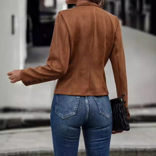 Damen modische Suedejacke mit steigendem Kragen und Knöpfen R&B