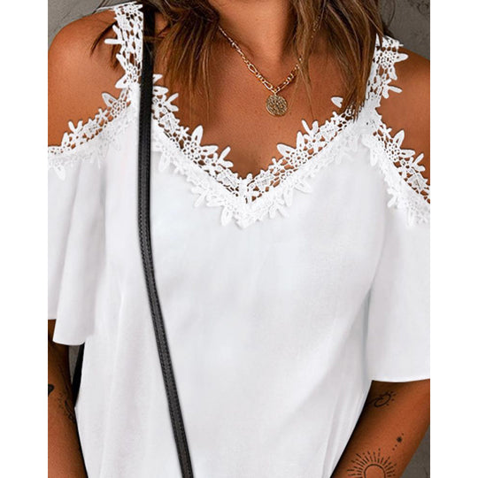Damen Cold-Shoulder Spitzenbesatz Oberteil R&B
