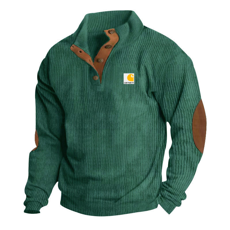 Herren nan Strickpullover im Troyer-Stil mit Stehkragen Lederbesatz Druckknopfleiste und Ellbogen-Patches R&B