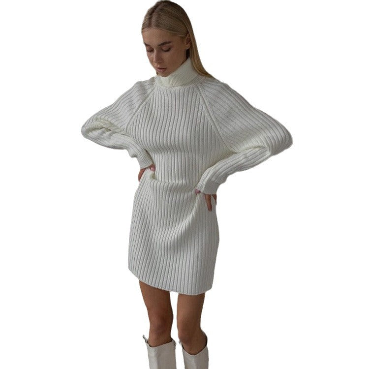 Damen Strickkleid mit hohem Kragen und großen Ärmeln R&B