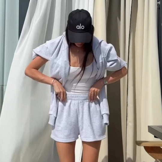 Damen lässiges Kurzarm-Set mit Hoodie und komfortablem Gummibund R&B
