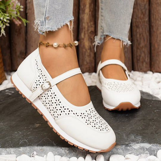 Damen Atmungsaktive Ballerinas mit elegantem Lochmuster und verstellbarem Riemen R&B