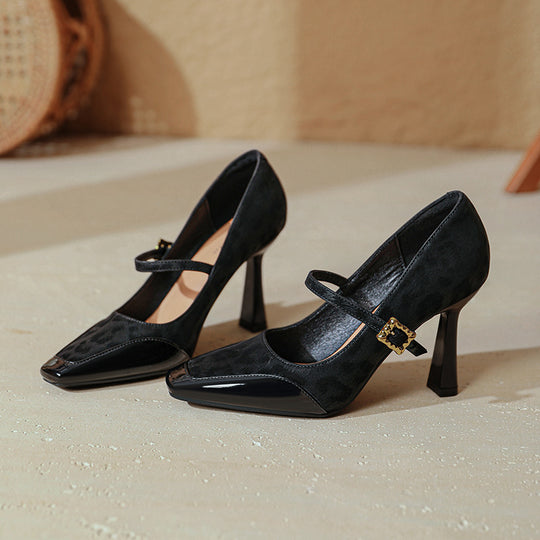 Damen elegante Mary Jane Pumps mit charakteristischem Blockabsatz und dekorativem Riemen R&B