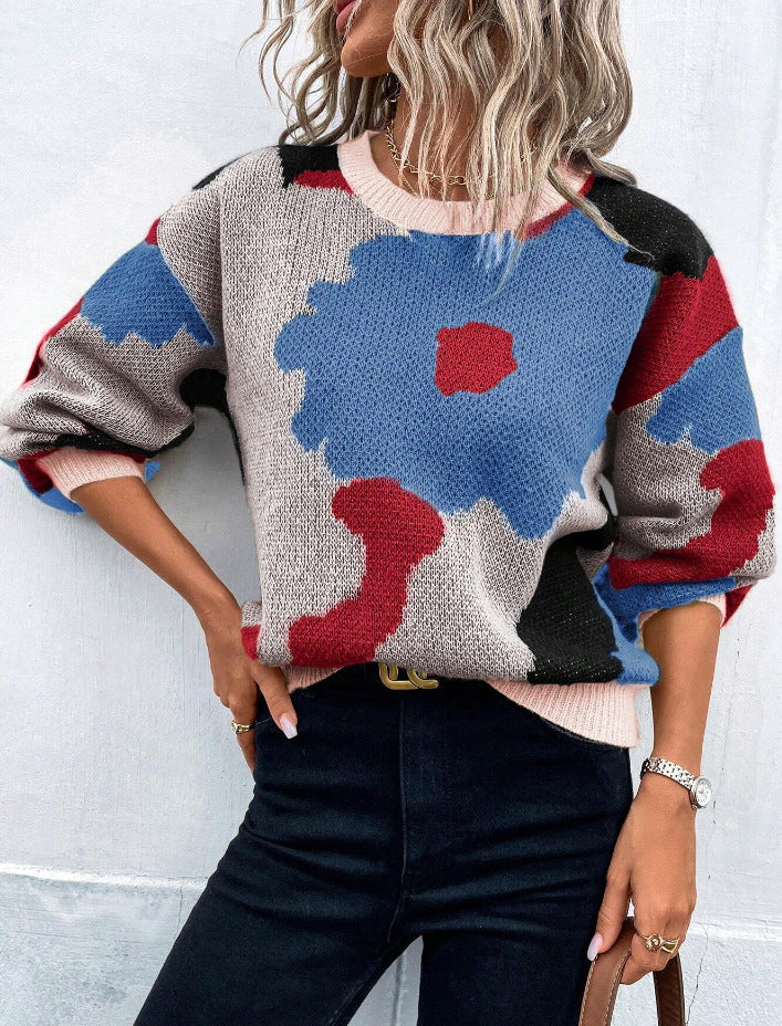 Damen modischer Pullover mit floralem Muster und weiten Ärmeln R&B