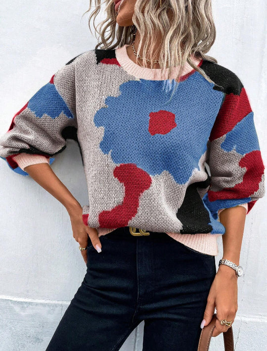 Damen modischer Pullover mit floralem Muster und weiten Ärmeln R&B