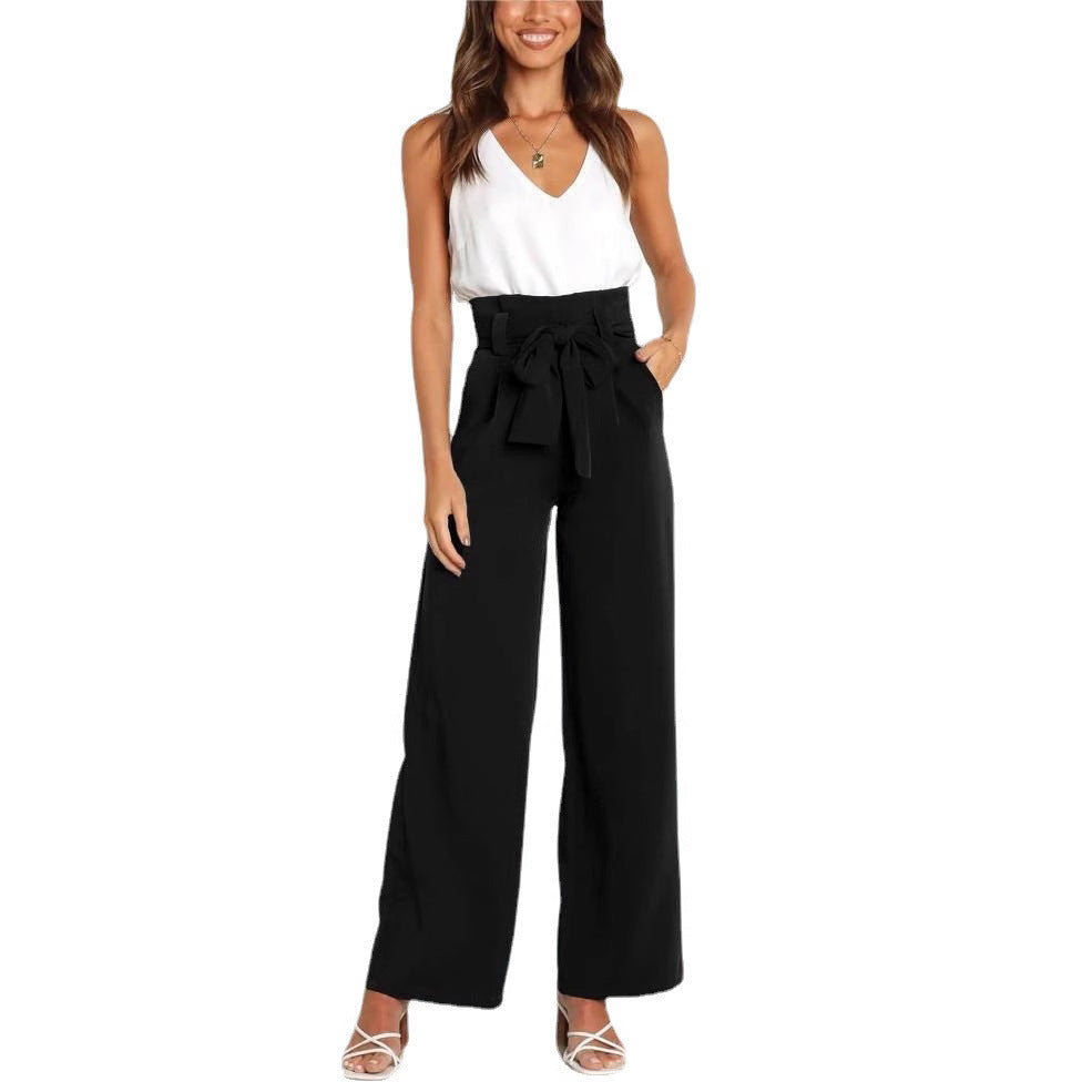 Damen Weit geschnittene High-Waist-Hose mit Binde-Gürtel und Taschen R&B