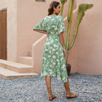 Damen Midi-Kleid mit V-Ausschnitt und voluminösen Ärmeln R&B