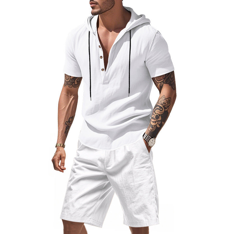 Herren lässiges Kurzarmhemd mit Kapuze und Shorts R&B