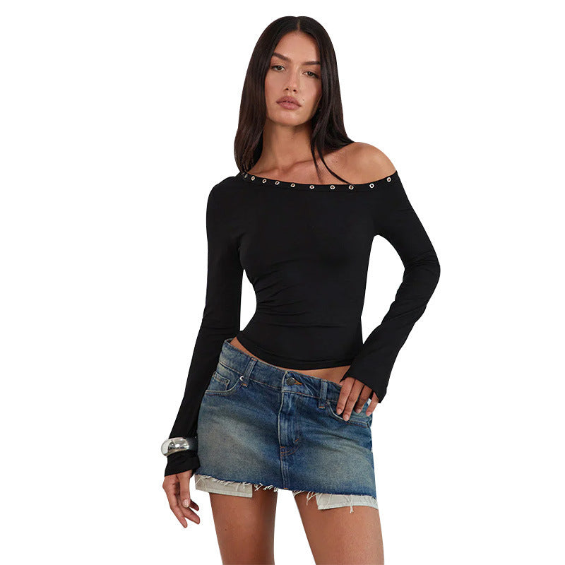 Damen Off-Shoulder Oberteil mit modischen Knöpfen und figurbetontem Schnitt R&B