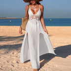 Damen Maxikleid mit filigranem Häkelmuster und hohem Schlitz R&B