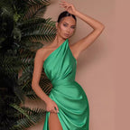 Damen Elegantes One-Shoulder Maxikleid mit drapiertem Design und hohem Schlitz R&B