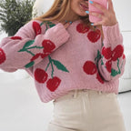 Damen lässiger Pullover mit fruchtigem Kirschmuster und weichem Strick