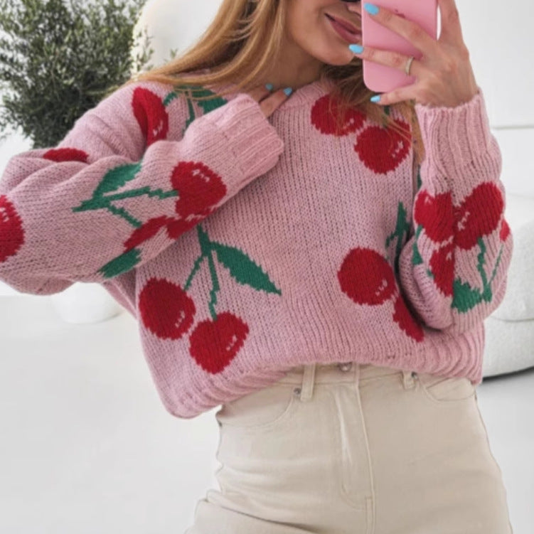 Damen lässiger Pullover mit fruchtigem Kirschmuster und weichem Strick