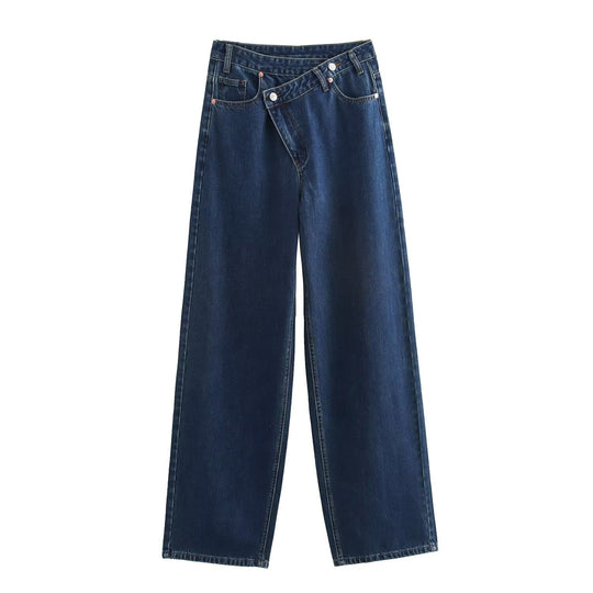 Damen weit geschnittene Jeans mit asymmetrischem Knopfverschluss und hohen Taillen R&B