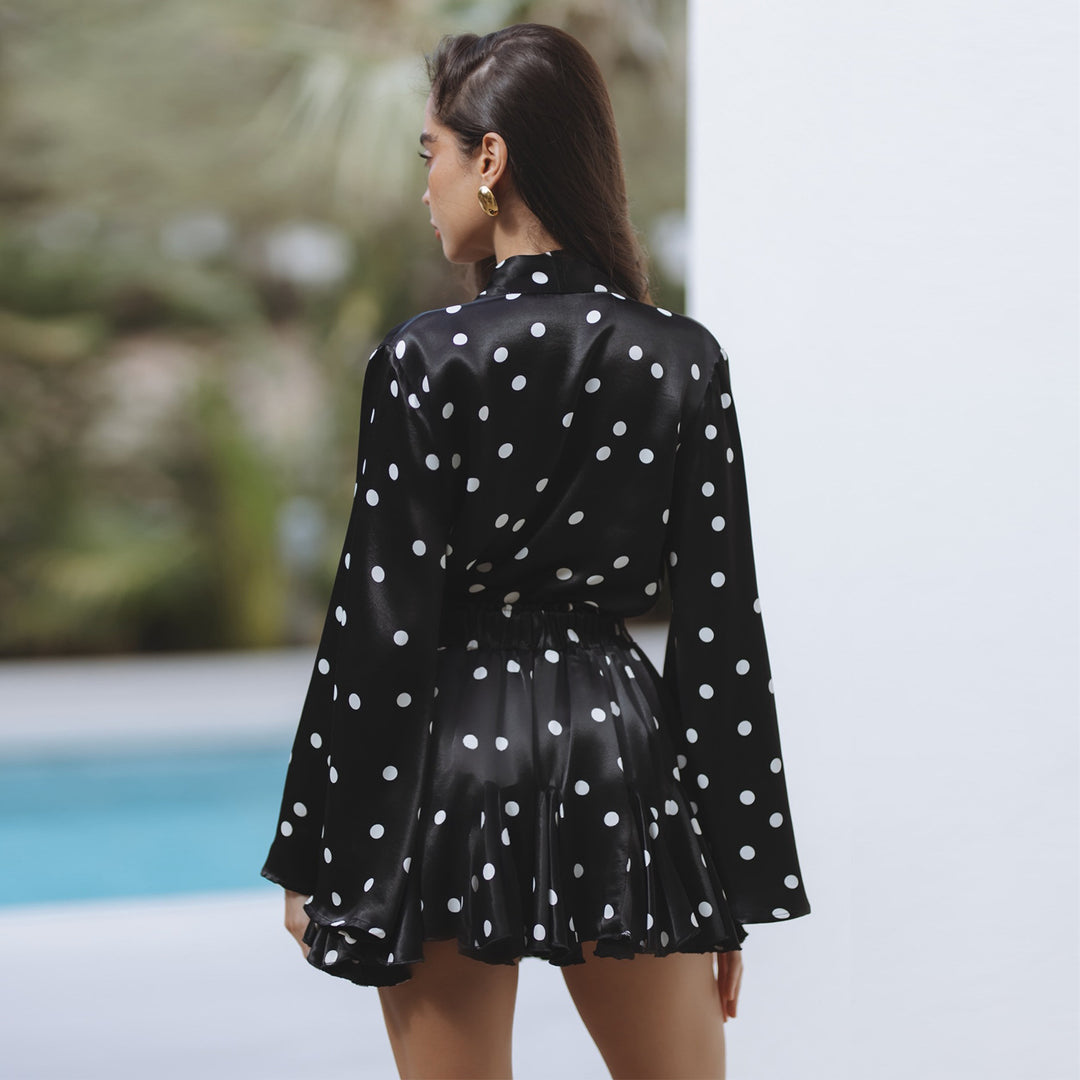 Damen Polka Dots Minikleid mit V-Ausschnitt und weitem Ärmel R&B