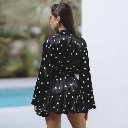 Damen Polka Dots Minikleid mit V-Ausschnitt und weitem Ärmel R&B