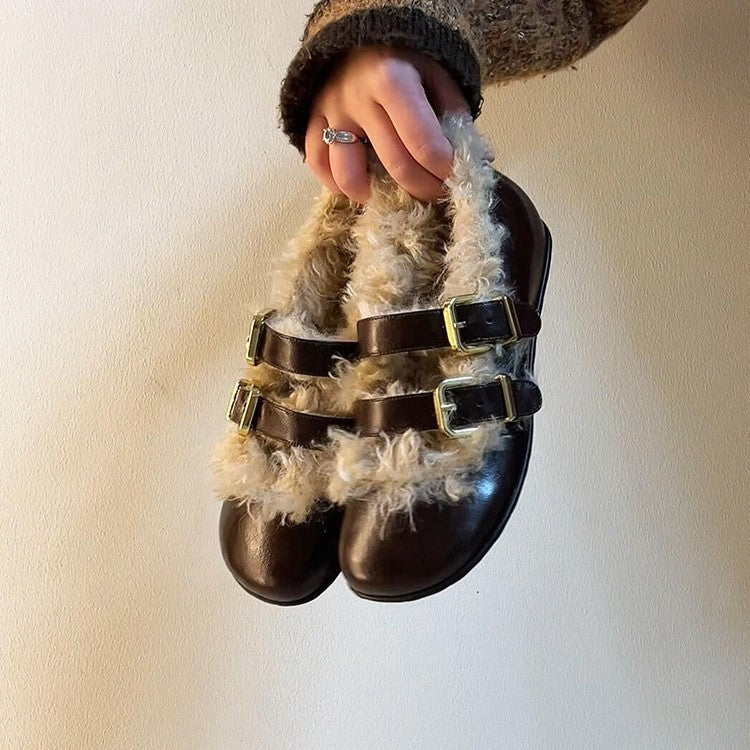 Damen Clogs mit kuscheligem Kunstfellkragen und modischen Schnallen R&B