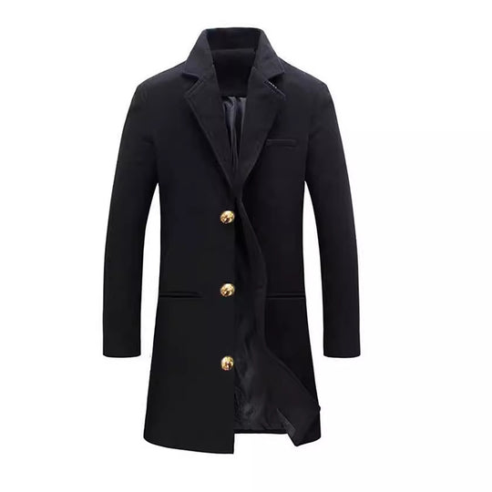 Herren eleganter langes Wollmantel mit schmalem Schnitt und goldenen Knöpfen R&B
