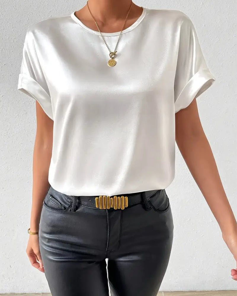 Damen Satin T-Shirt mit umgeschlagenen Ärmeln R&B