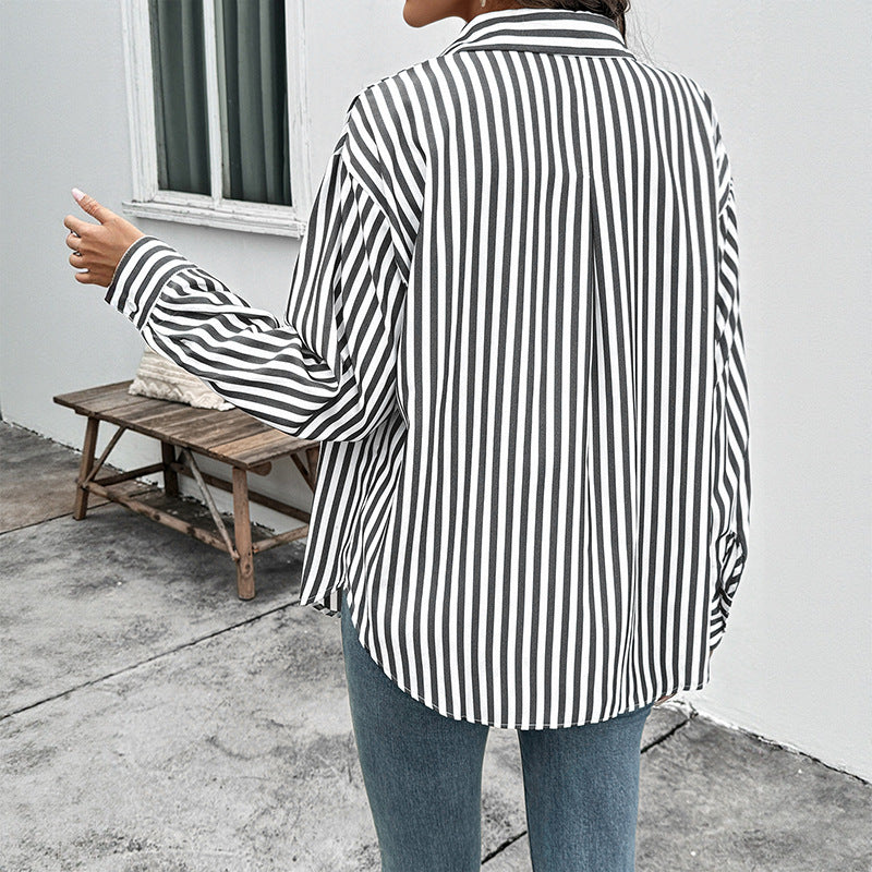 Damen gestreiftes Blusenshirt mit modernem Kragen und bequemen Ärmelaufschlägen R&B