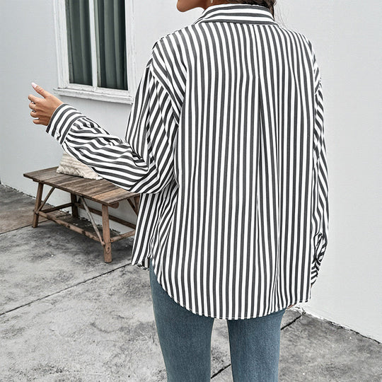 Damen gestreiftes Blusenshirt mit modernem Kragen und bequemen Ärmelaufschlägen R&B