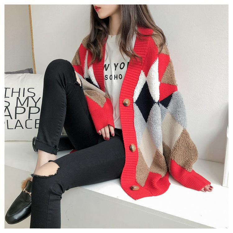 Damen Grobstrick Cardigan mit geometrischem Muster und großen Taschen R&B