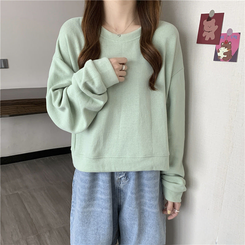 Damen lässiger cropped Pullover aus weichem Baumwollmix mit modischem Rundhalsausschnitt