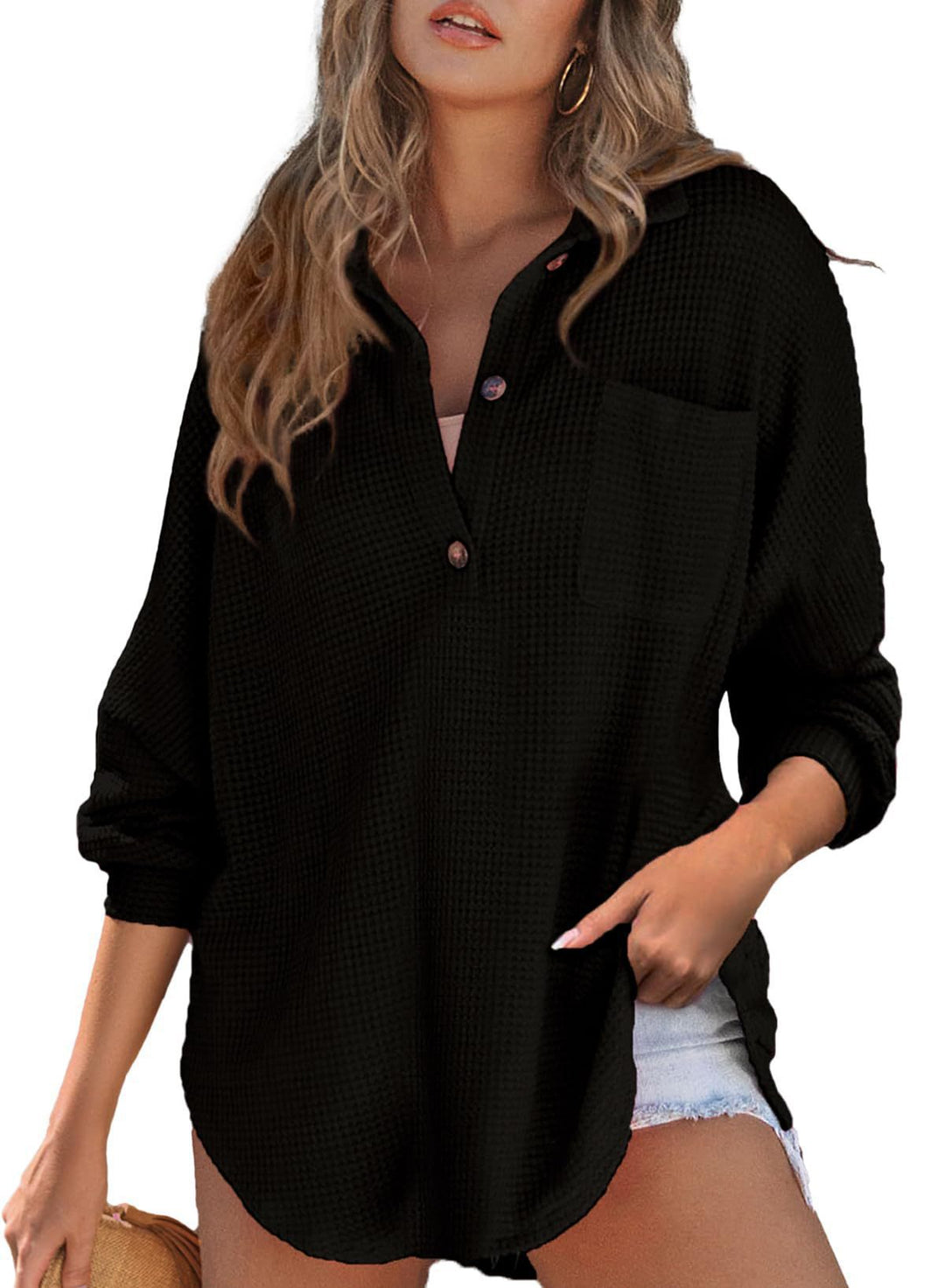 Damen Waffelstruktur Bluse mit Knopfleiste und Brusttasche R&B