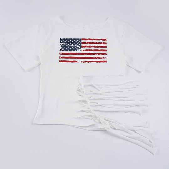 Damen Cropped T-Shirt mit Flaggenmotiv und verspielten Fransen R&B