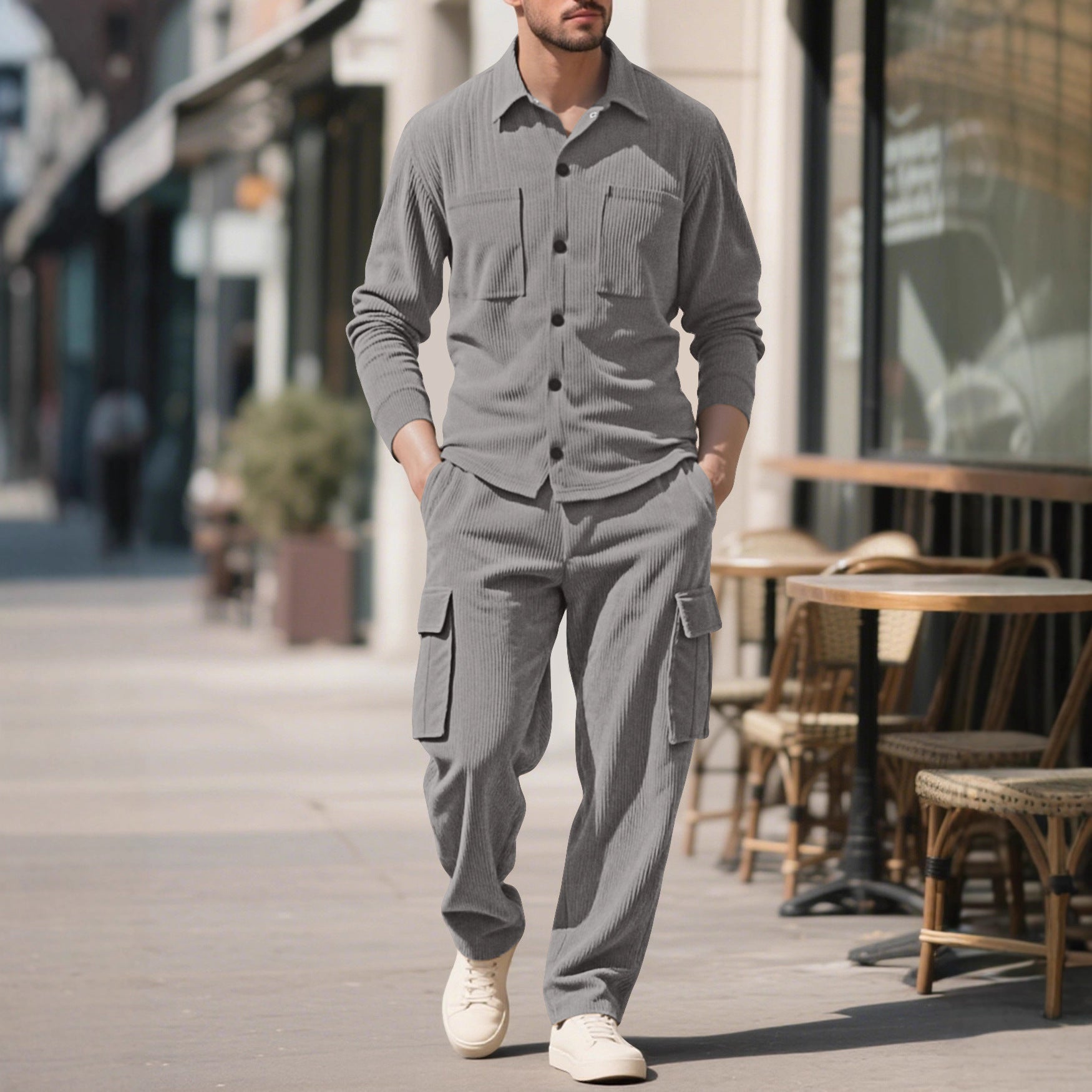 Herren nan geripptes Worker-Hemd mit Brusttaschen und entspannter Cargohose R&B