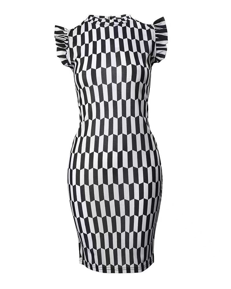 Damen Figurbetontes Kleid mit Rüschendetails und geometrischem Muster R&B