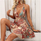 Damen Sommerkleid mit tiefem V-Ausschnitt und elastischem Taillendesign R&B