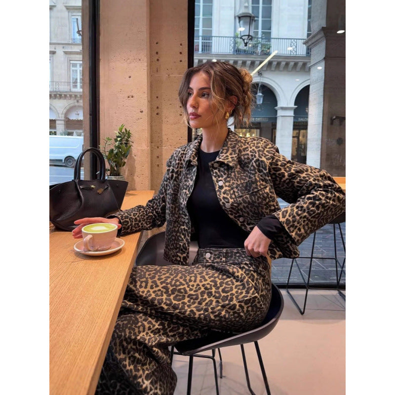 Damen lässige Leo-Print Jacke mit praktischen Taschen R&B