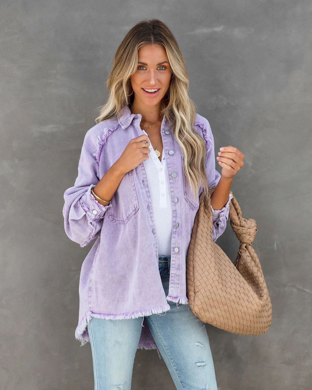 Damen Lässige Denim-Übergangsjacke im Vintage-Stil mit fransigen Details R&B